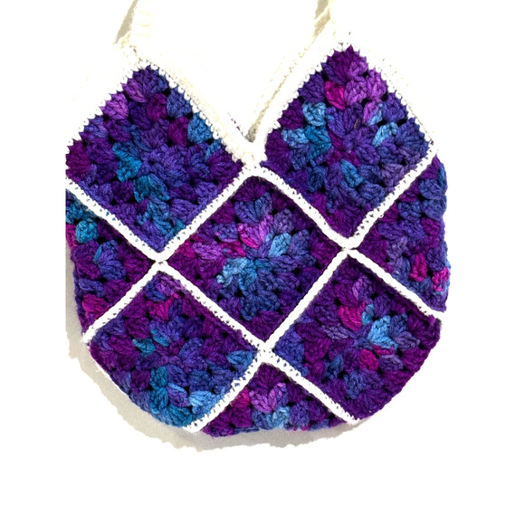 Vintage Crochet Granny Squares Purple & Blue Flowers HandBag purse hippie boho - Picture 3 of 6